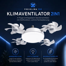 Carica l'immagine nel visualizzatore di Gallery, FreiKlima Pro Klimaventilator 2in1 – 4-Flügel einklappbarer Deckenventilator mit Kühlfunktion, Licht & Fernbedienung