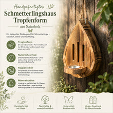Lade das Bild in den Galerie-Viewer, Handgefertigtes Schmetterlingshaus Tropfenform aus Naturholz
