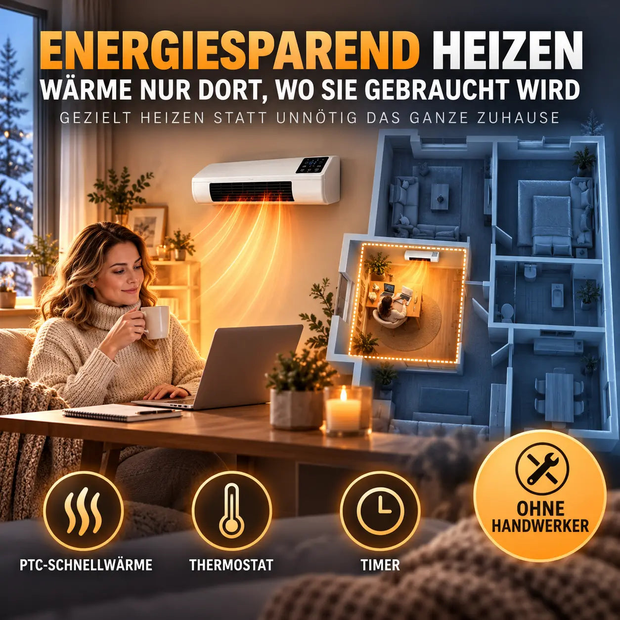 FreiKlima Pro – energiesparende tragbare Komfortheizung mit hoher Heizleistung & Sicherheitssystem ohne Installation | Bis 51 m²