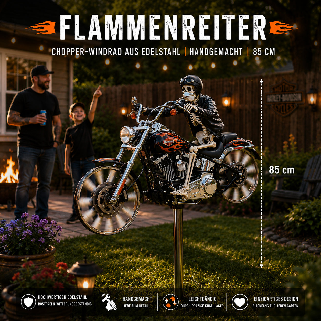 Flammenreiter – Chopper-Windrad aus Edelstahl  Handgemacht  85 cm