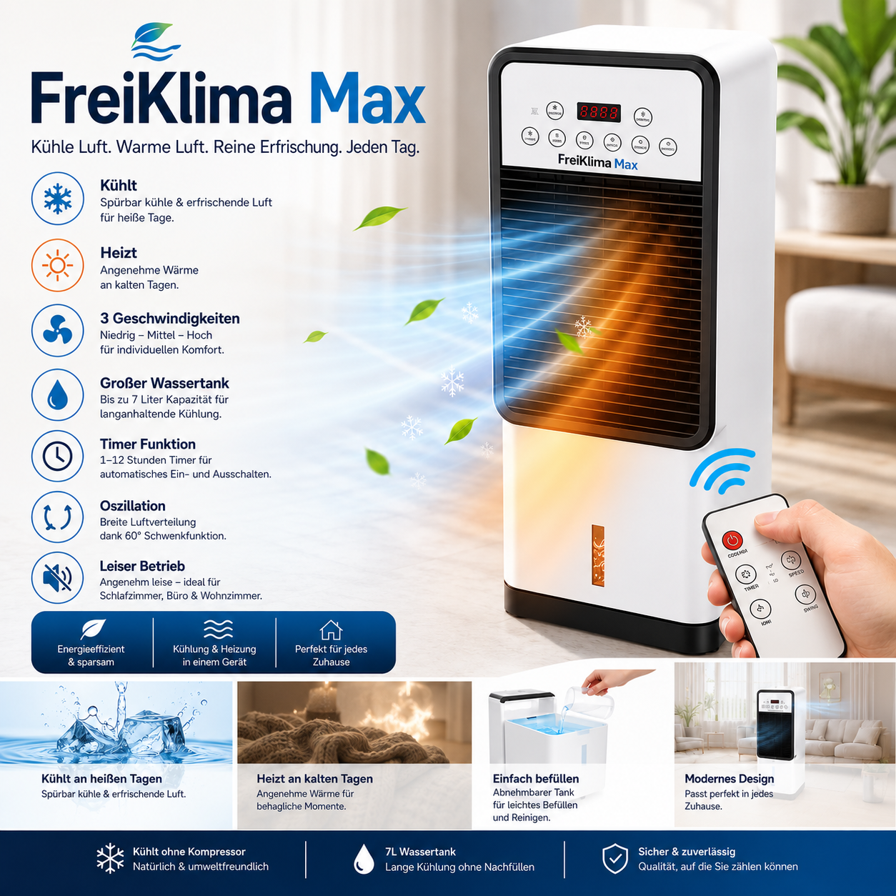 FreiKlima Max - Mobiler Allround-Klimatiseur – Kühlt im Sommer, Heizt im Winter | Ohne Installation