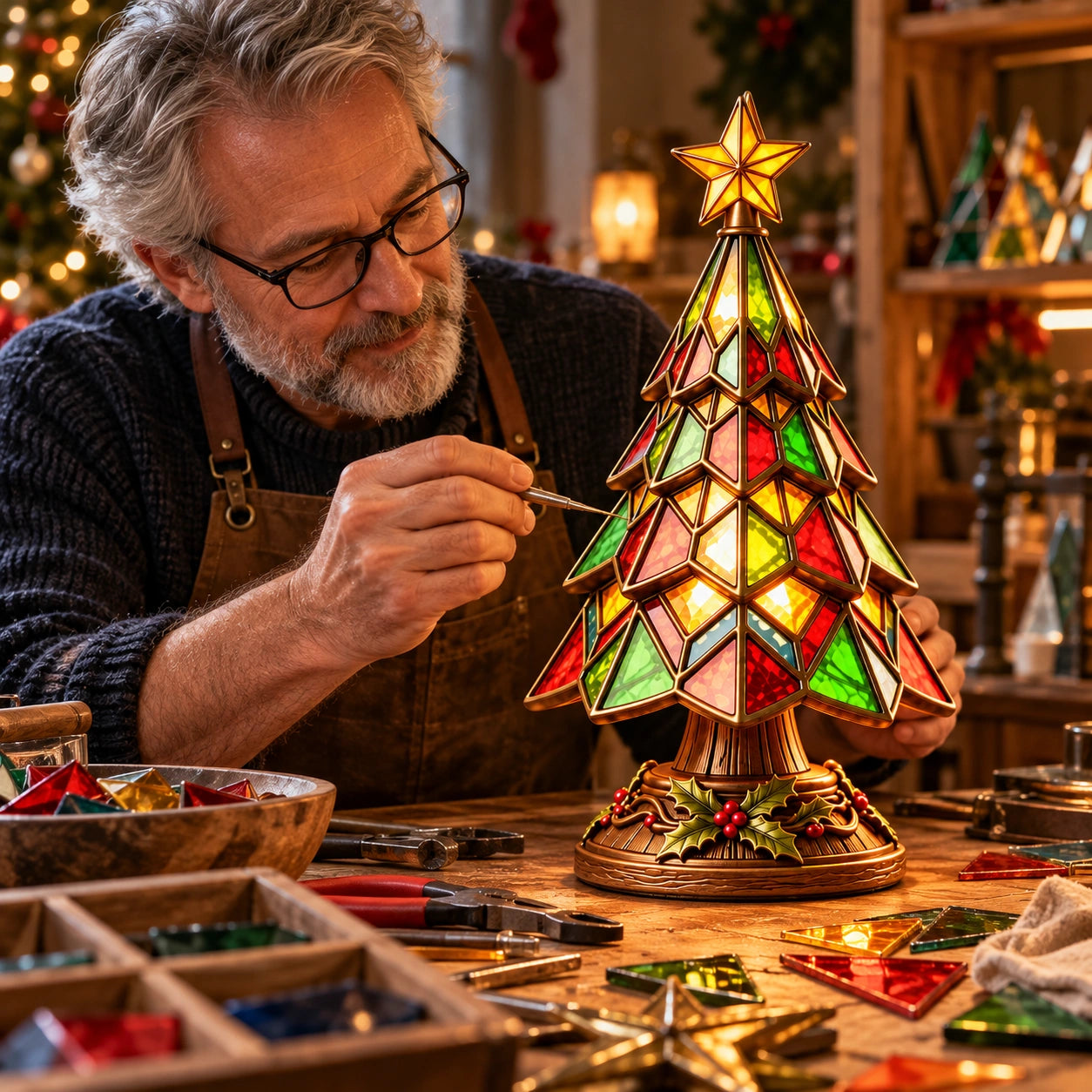 WeihnachtsGlanz – leuchtender Weihnachtsbaum im Buntglas-Stil