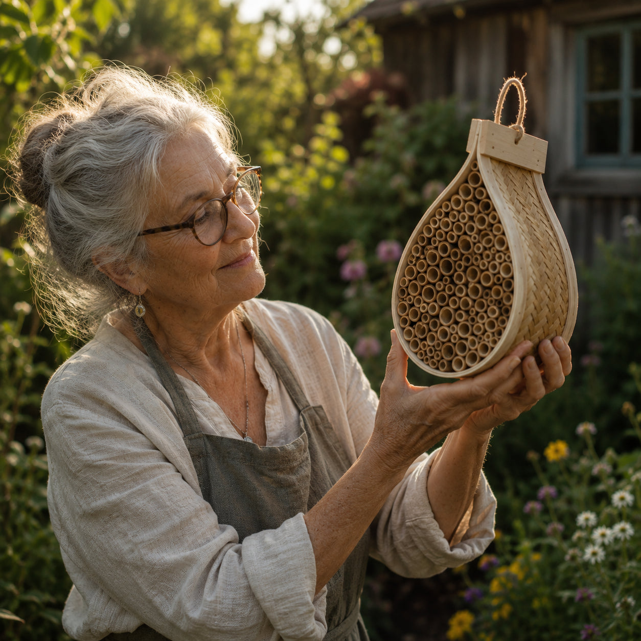 Wildbienenhotel „Gartenfreund" – Handgeflochten aus Bambus & Hartholz