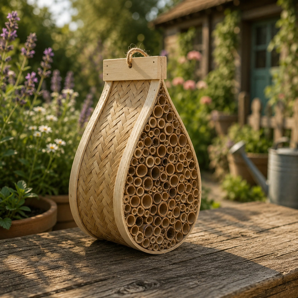 Wildbienenhotel „Gartenfreund" – Handgeflochten aus Bambus & Hartholz