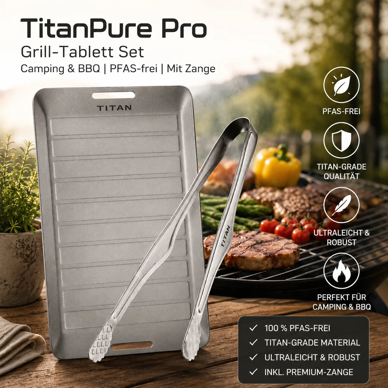 TitanPure Pro — Set per vassoio da griglia Camping & BBQ | Senza PFAS | Con pinza