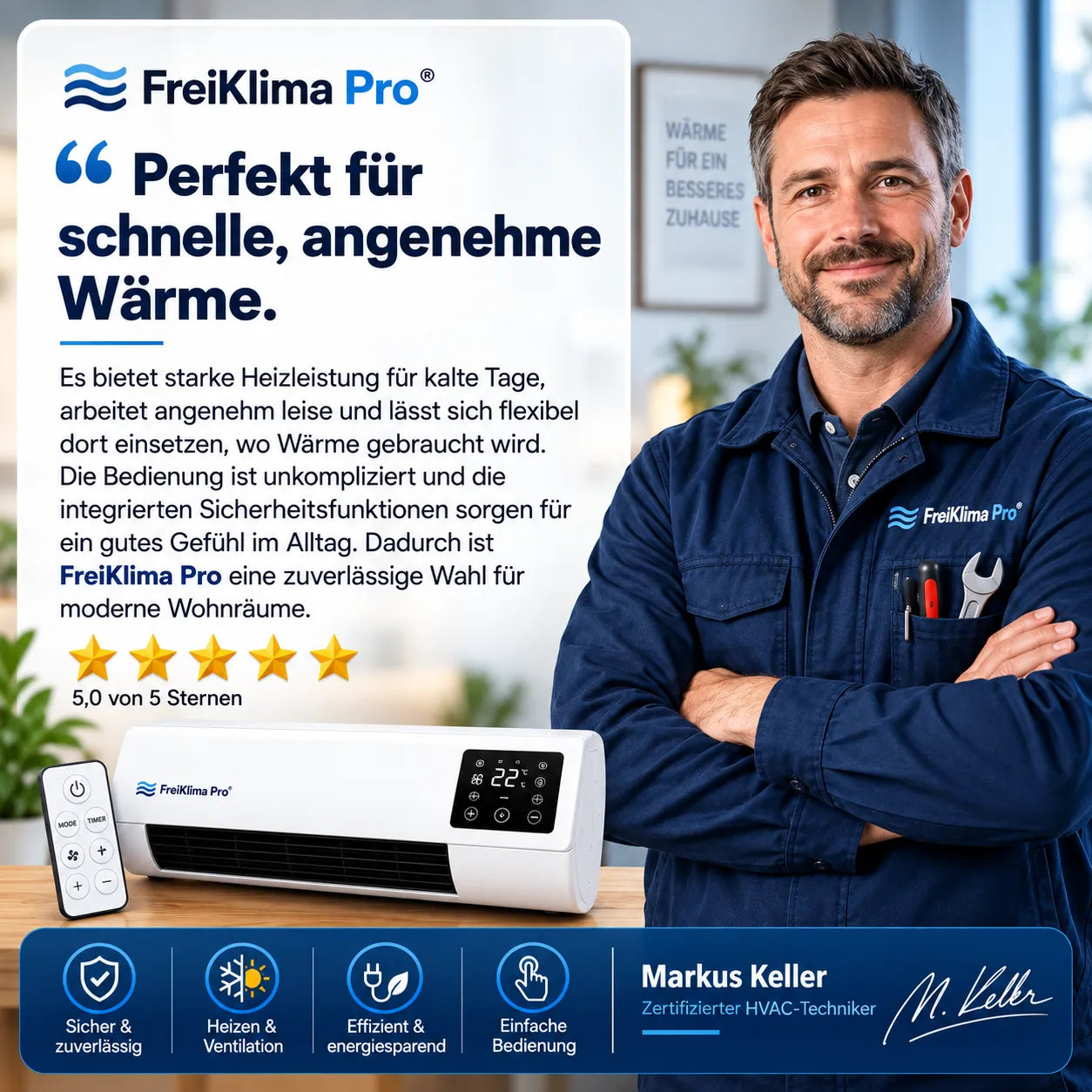 FreiKlima Pro – energiesparende tragbare Komfortheizung mit hoher Heizleistung & Sicherheitssystem ohne Installation | Bis 51 m²