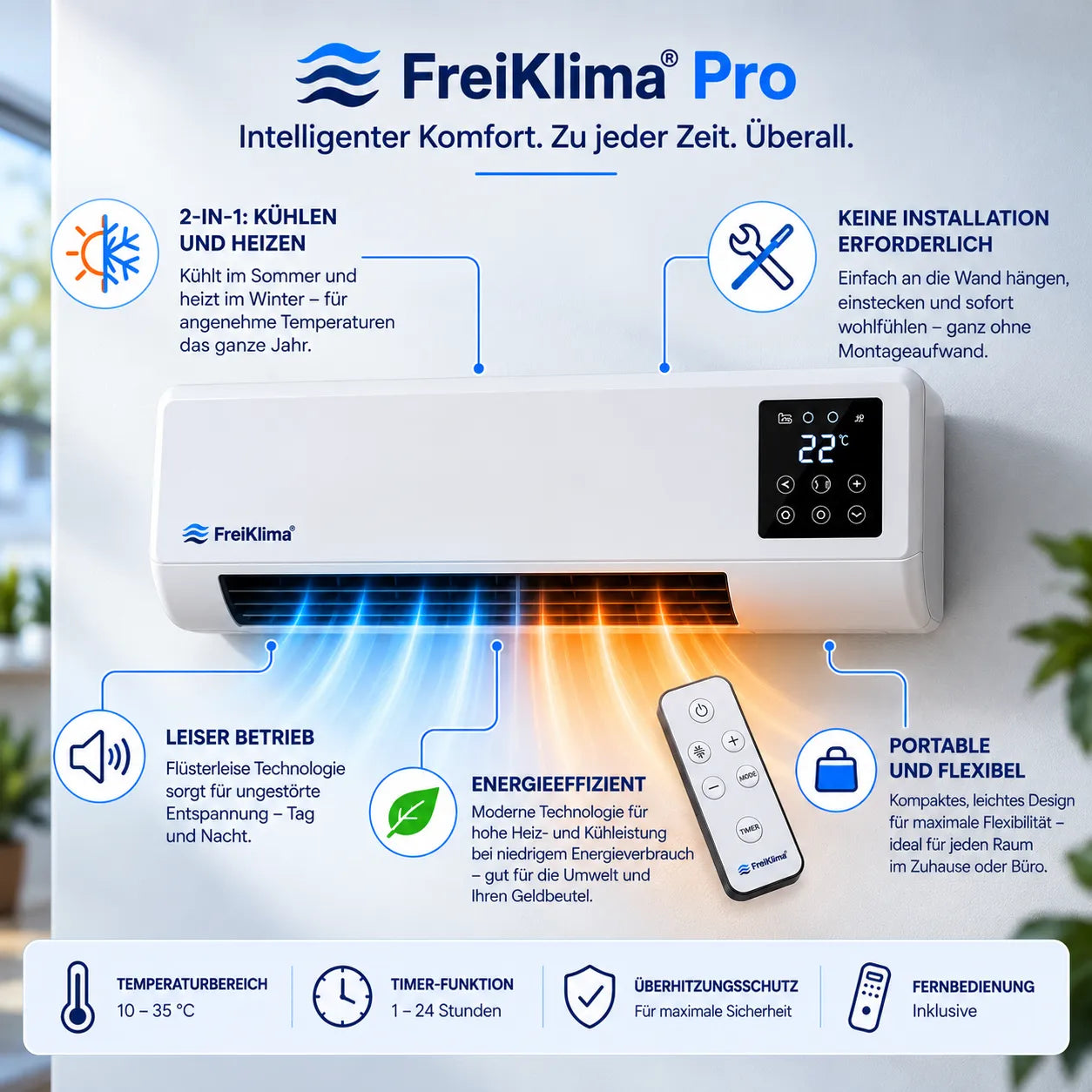 FreiKlima Pro – energiesparende tragbare Komfortheizung mit hoher Heizleistung & Sicherheitssystem ohne Installation | Bis 51 m²