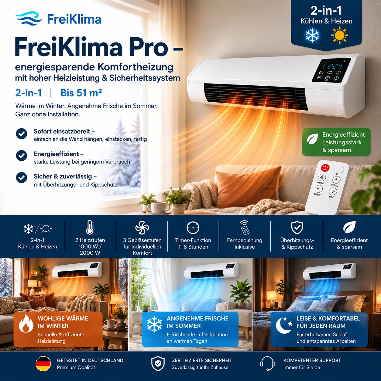 FreiKlima Pro – energiesparende tragbare Komfortheizung mit hoher Heizleistung & Sicherheitssystem ohne Installation | Bis 51 m²